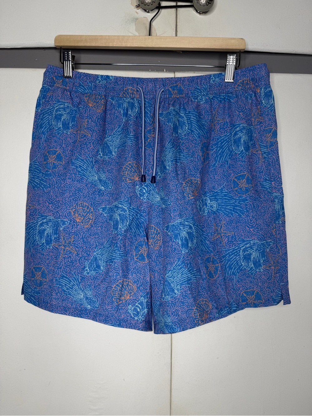 Peter Millar Swim Trunks Mens Large Blue seashells fish Print Mesh Lined Beach